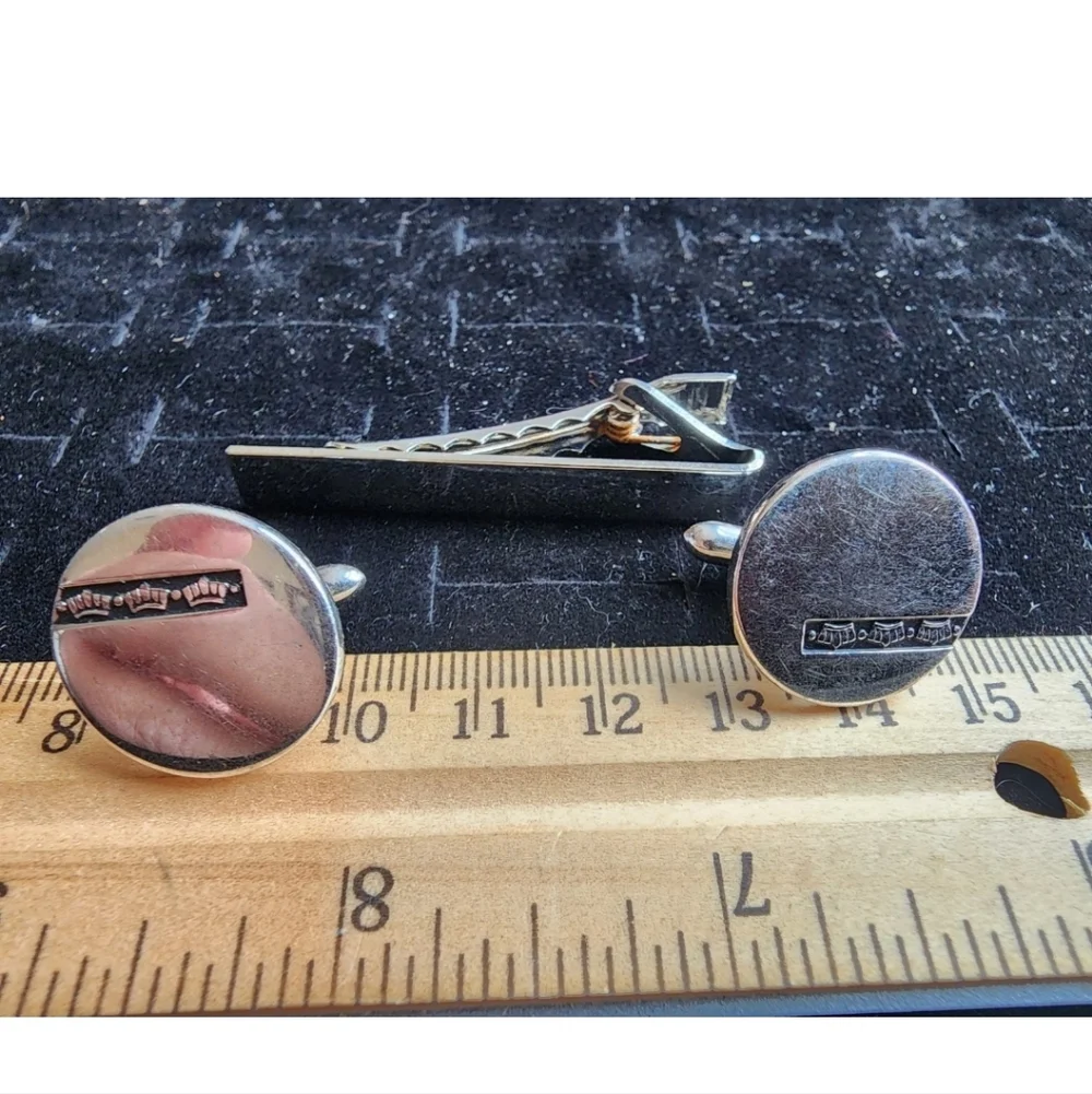 Vintage Swank Cufflink Set Silver Tone Polished Triple Crown Used